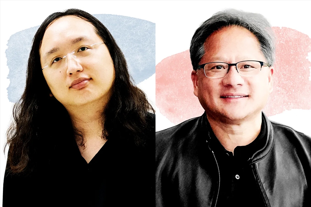 台灣數位部長唐鳳（左）與黃仁勳等人，名列時代雜誌評選AI領域百大影響力人物。（取自時代雜誌）