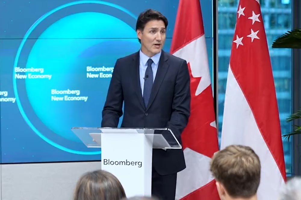 加拿大總理杜魯道表示，加拿大與中國關係已無法和解。圖為他8日在新加坡演講。
（取自@JustinTrudeau）