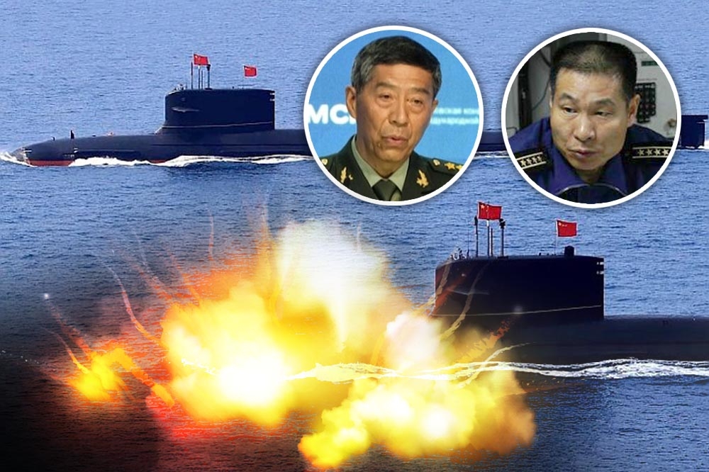 中國潛艇在黃海爆炸引發解放軍高層震盪，北部戰區海軍司令員王大忠（左）成眾矢之的， 國防部長李尚福（右）傳因貪污遭調查。（合成畫面／美聯社、微博） 