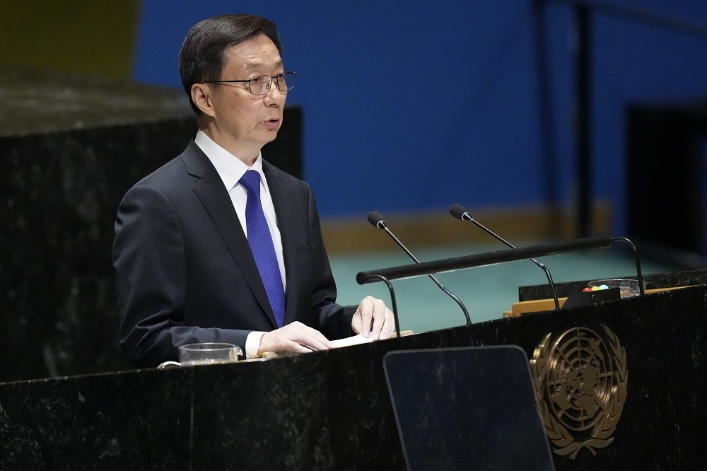 韓正在聯合國大會上，表示中國仍致力於統一台灣。（美聯社）