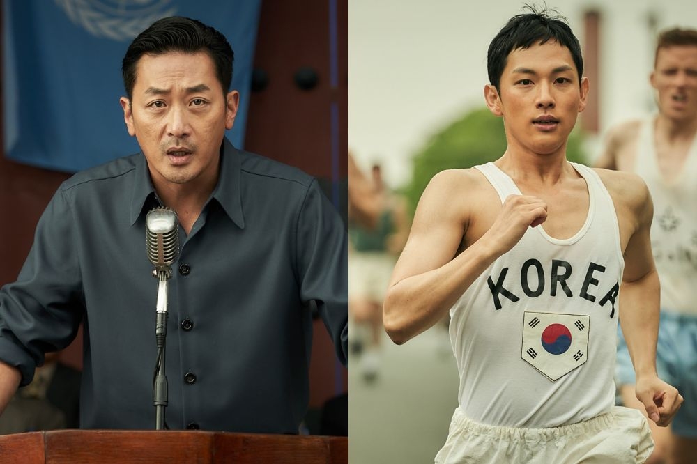 韓星河正宇（左）與任時完（右）搭檔演出電影《沒有國家的冠軍》，兩人私下還曾一起吃飯，建立不錯交情。（車庫娛樂提供）