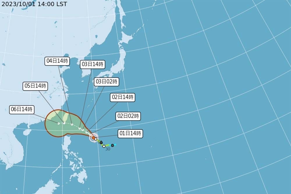 台灣今年第14號颱風小犬預計下周二會發布海上警報。（氣象局提供）