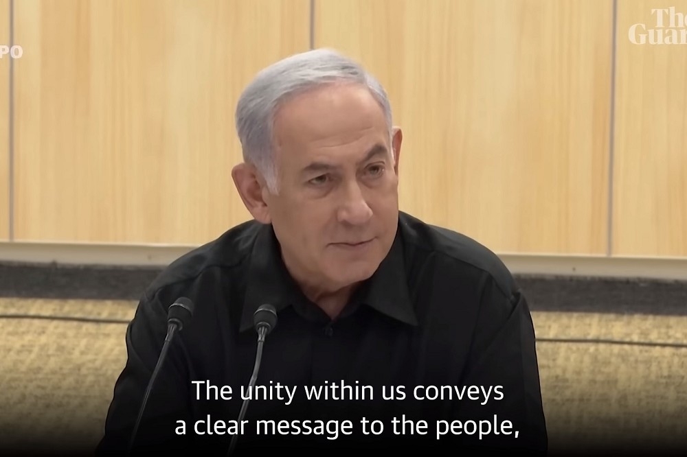 以色列總理納坦雅胡在會後記者會上，誓言摧毀「哈瑪斯」。（截自影片）