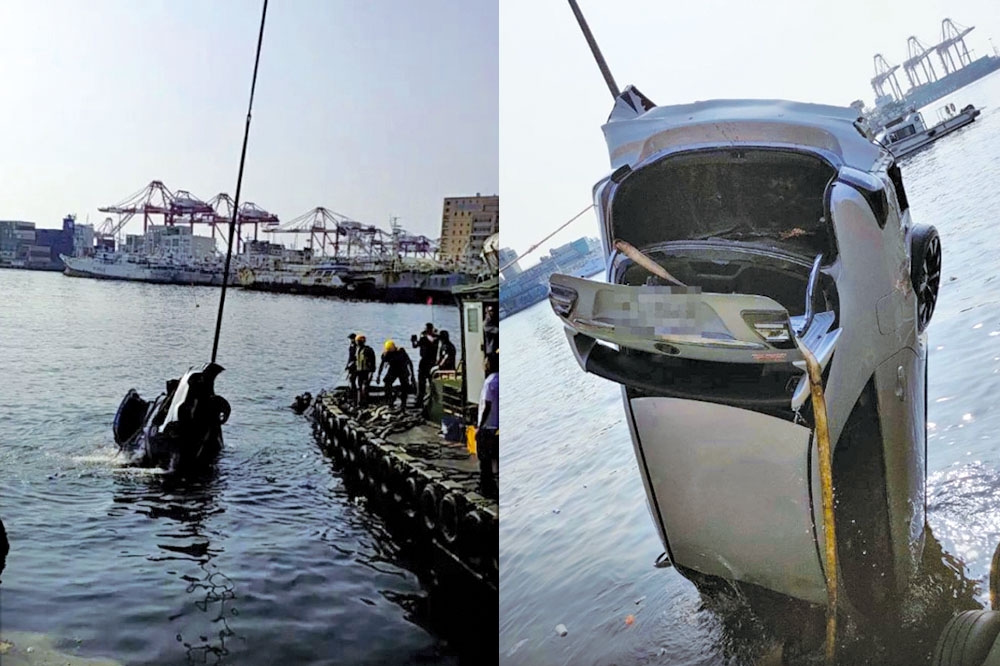 高雄前鎮漁港墜海車輛被撈起後，32歲的李姓駕駛已失去呼吸心跳。（合成畫面／取自記者爆料網）