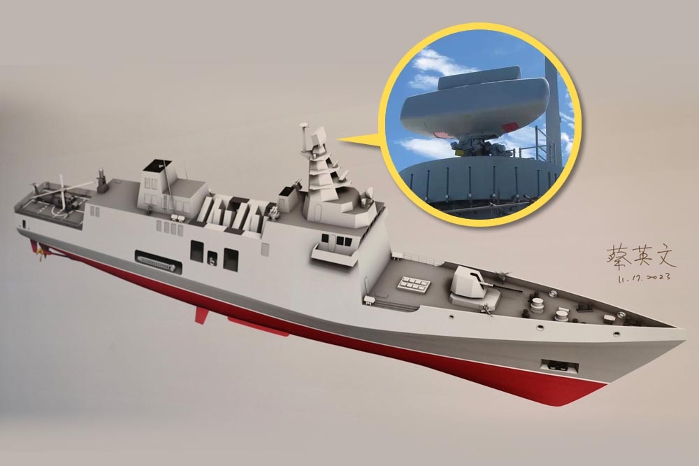 海軍輕型巡防艦設計構型圖主桅杆頂部的3D相位雷達畫成正方型，並非英國BAE公司ARTISAN長圓弧型3D相列雷達（小圖）。（合成畫面／取自總統府、BAE公司官網）