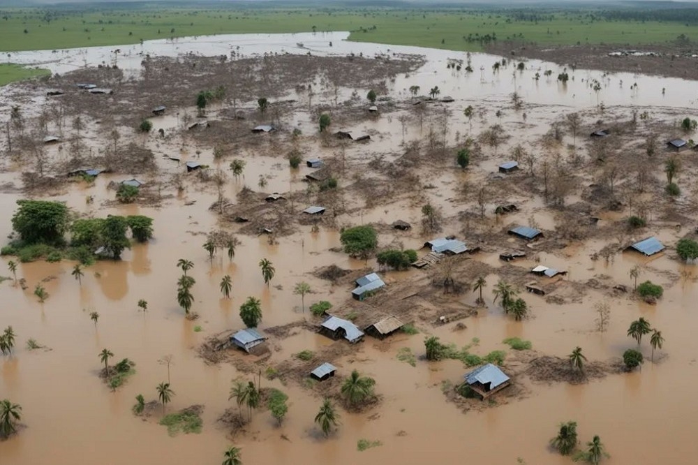 洪水過後，當地村莊已淪為一片水鄉澤國。（取自X平台）