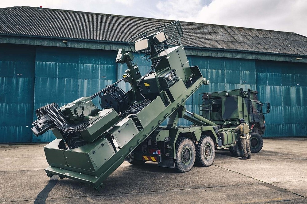 全球軍火商營收在2022年首度下滑。圖為9月倫敦防展展出的「戰鷹聖騎士」（Terrahawk Paladin）防空系統。（取自MSI防禦系統公司）