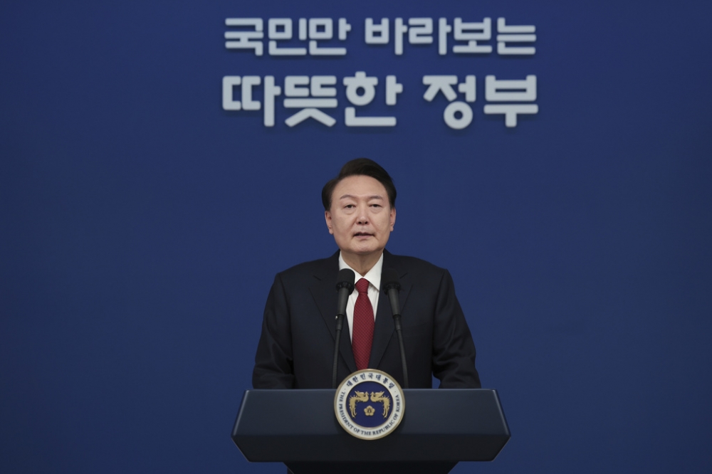尹錫悅強調，會從源頭封鎖北韓的核武威脅，持續完成升級的韓美延伸威懾機制。（美聯社）
