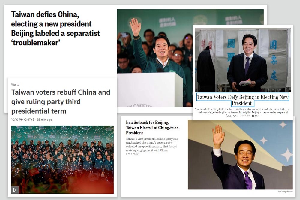 華爾街日報（右上）、NBC（左上）、路透（左下）等媒體提到台灣選民不願如中國所願，紐約時報（右下）則提到選舉結果挫敗中國。（取自各新聞網官網）
