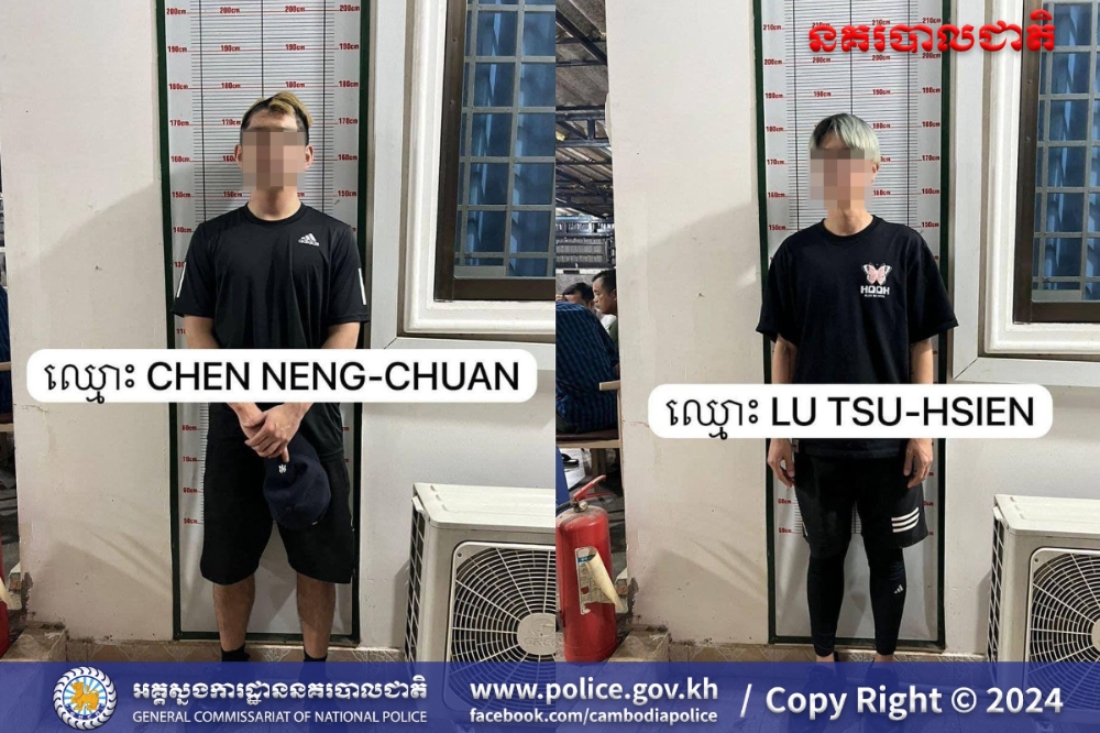 晚安小雞（左）與阿鬧遭柬國警方逮捕，2人自導自演的劇本也曝光。（取自cambodiapolice臉書）