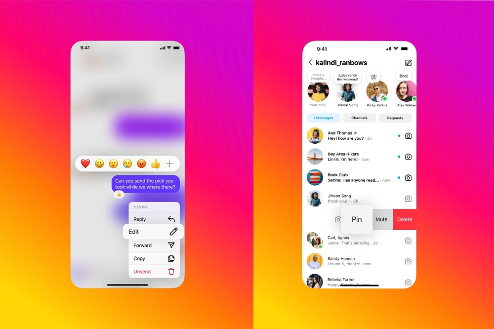 社群平台Instagram 的訊息功能多項更新，包括15 分鐘內可編輯訊息、置頂3組聊天室。（取自 Instagram X）