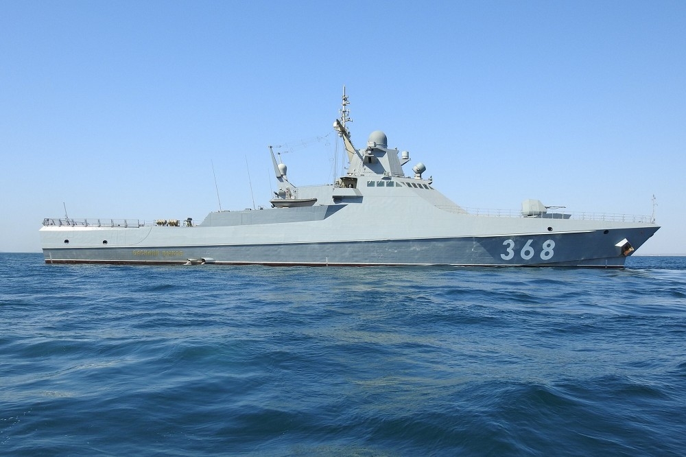 俄軍「謝爾蓋．科托夫號」巡邏艦傳遭到烏軍無人自殺快艇擊沉。圖為同級首艦「瓦西里．貝科夫號」。（取自俄國國防部）