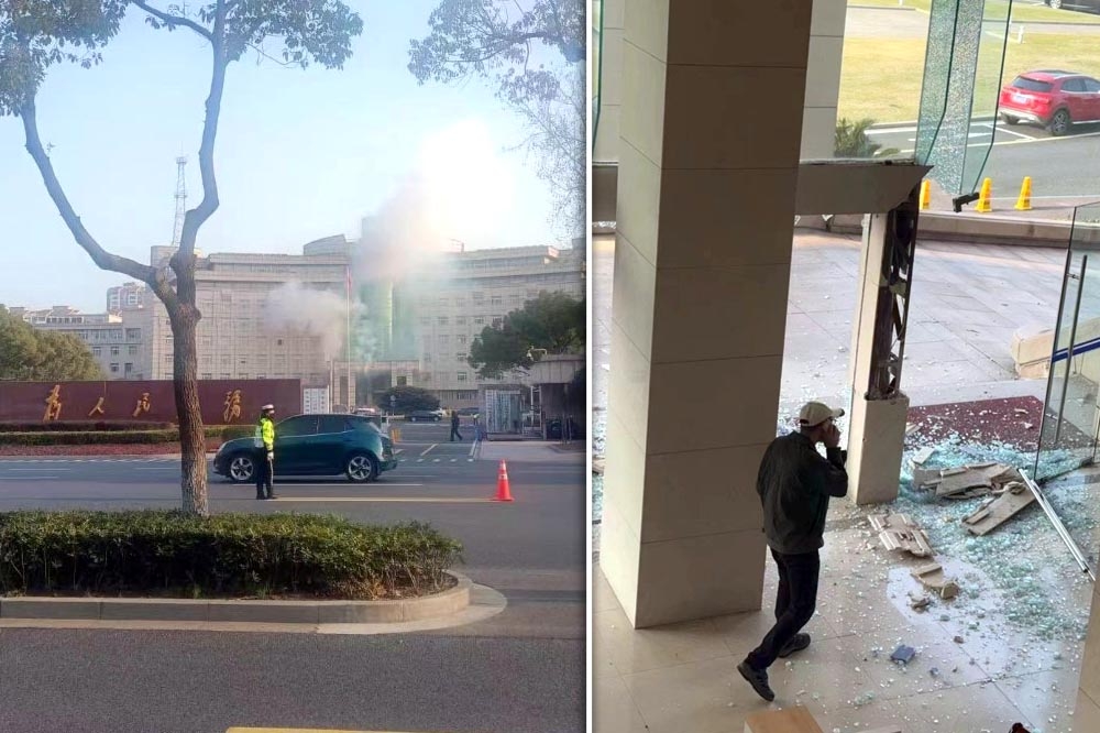 江蘇省公安廳大廈驚傳失火（左）、張家港市政府被炸，門口玻璃散落一地。（合成畫面／取自@whyyoutouzhele）