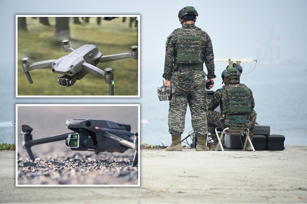 陸軍統籌的無人機反制系統只用大疆Mavic Air系列或Mavic 3無人機，不用改裝「黑機」進行測試，恐無法合乎戰備需求。（合成畫面／張哲偉攝、取自大疆官網） 