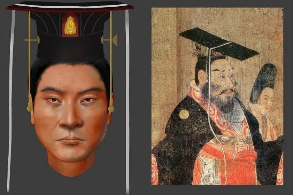 中國考古團隊成功復原北周武帝宇文邕的相貌（左），與閻立本的「歷代帝王圖」（右）大不相同。（取自微博）