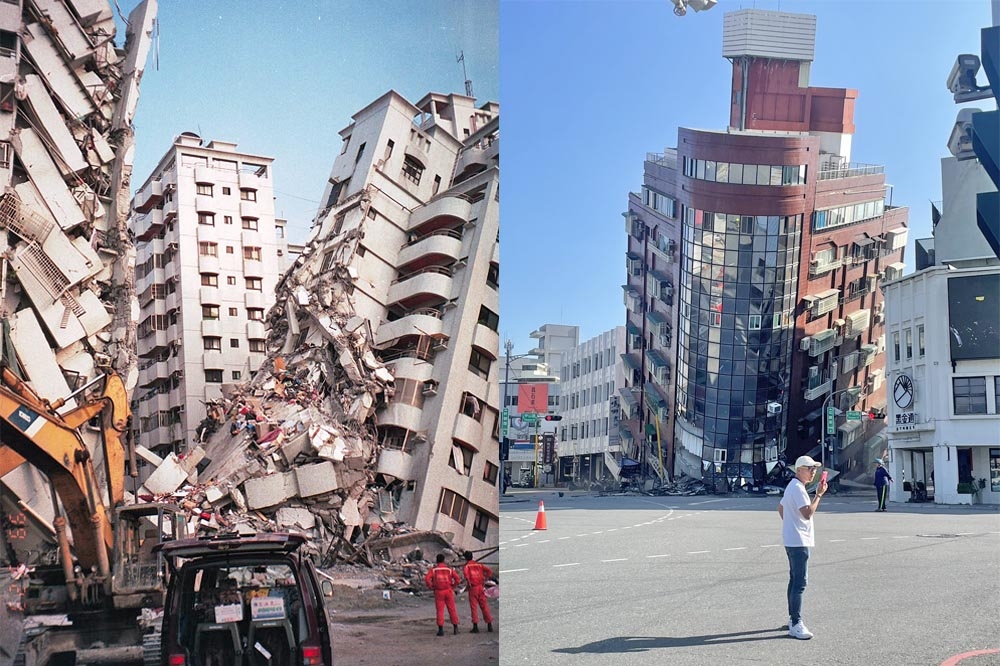集集大地震造成2415人死亡，至少1万1305人受伤。25年后，4月3日生花莲地震（右）酿9死821人伤。（合成画面／维基百科、内政部提供）(photo:UpMedia)