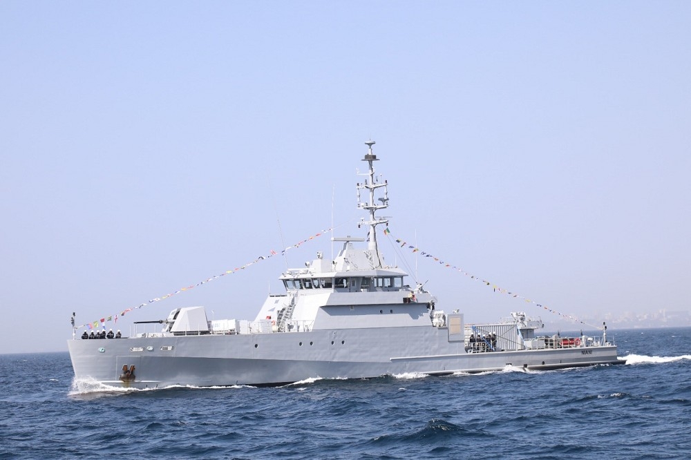 塞内加尔海军新型62公尺巡逻舰，该级舰首度安装有飞弹系统。图为去年12月26日返国的「尼纳尼号」。（取自萨内加尔海军）(photo:UpMedia)