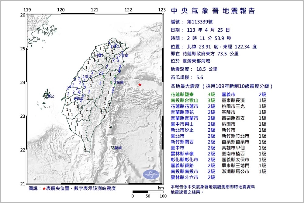 台灣東部外海今天凌晨發生2起地震，中央氣象局分析與403並無相關。（取自中央氣象局網站）