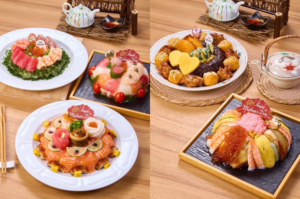 「大漁迴轉壽司」與「大江戶町鰻屋」二品牌，將於母親節分別推出以生魚片、鰻魚設計的六吋創意母親節蛋糕。（大漁餐飲集團提供）