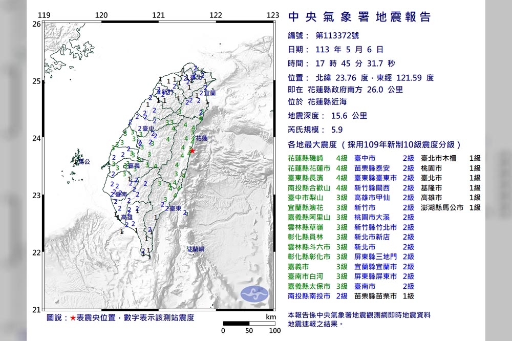 中央氣象署監測稍早花蓮地區再度發生地震，包括花蓮、台東、南投等地區震度都達4級。（消防署提供）