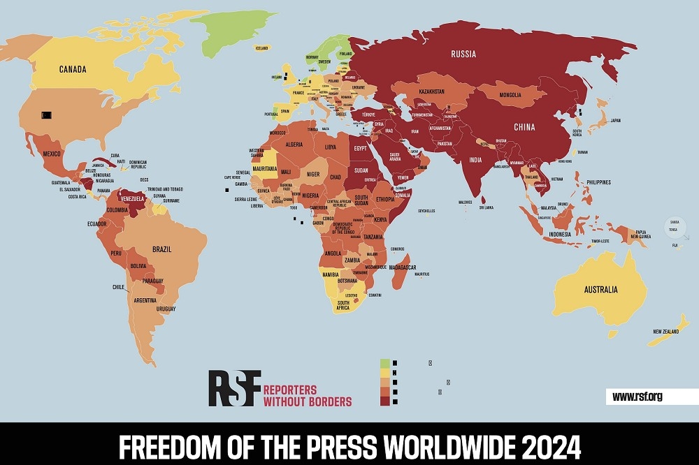 無國界記者組織日前發布2024年度《世界新聞自由指數》，中國位列第172名。（圖片擷取自無國界記者組織）