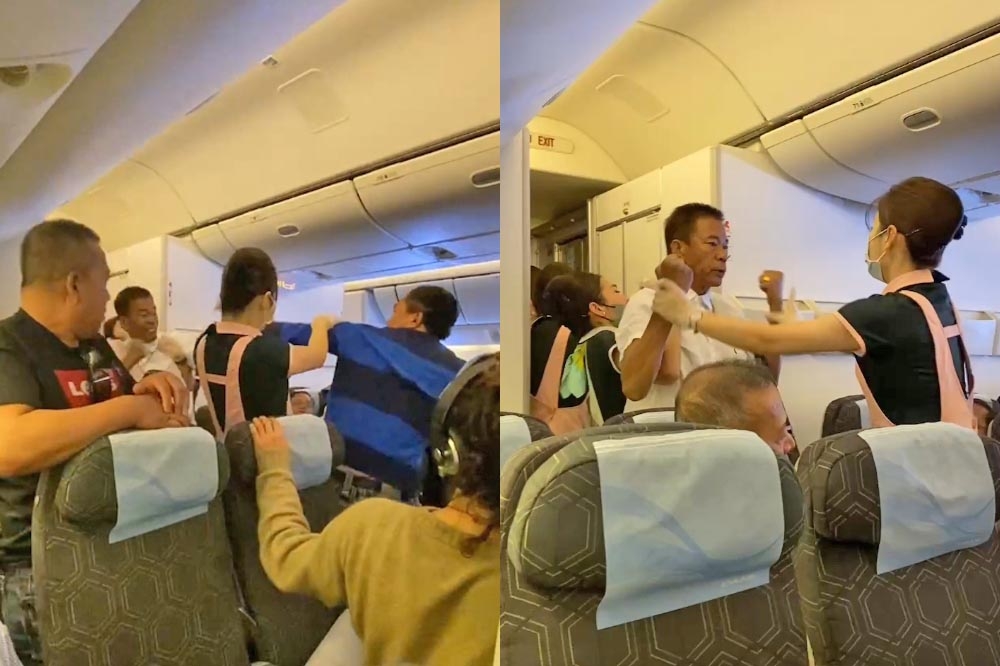 長榮班機上2名旅客大打出手，空姐夾在中間仍奮力阻止。（合成照片／翻攝畫面）