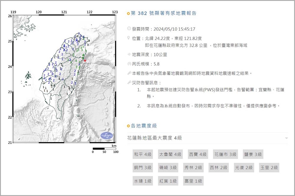 台灣剛發生規模5.8地震，雙北有感。（氣象署）