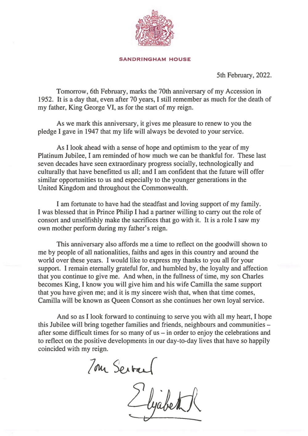 英國女王伊莉莎白二世登基70周年紀念信
