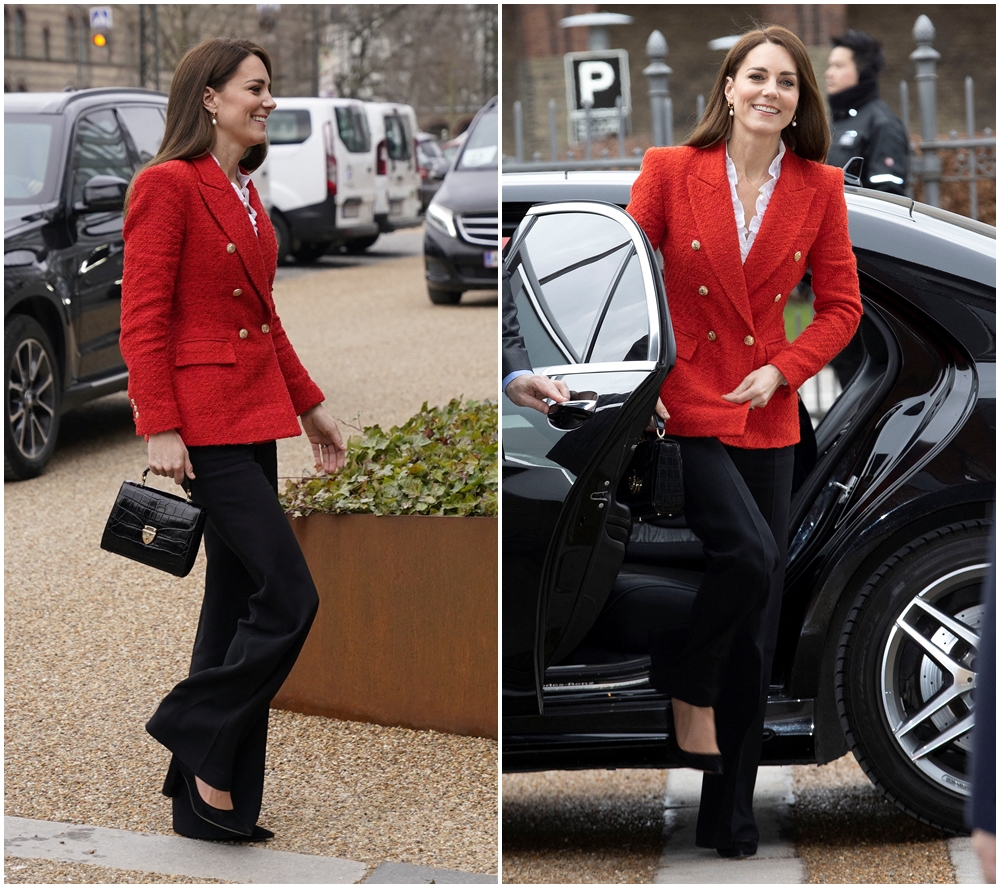 凱特王妃以Zara紅色西裝外套為穿搭亮點，再度展現皇室優雅風範。（湯森路透）