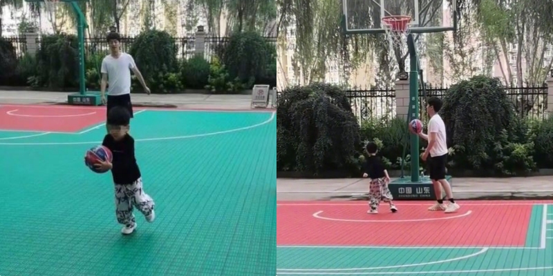 陳妍希老公陳曉在新戲拍攝地附近帶兒子打籃球。