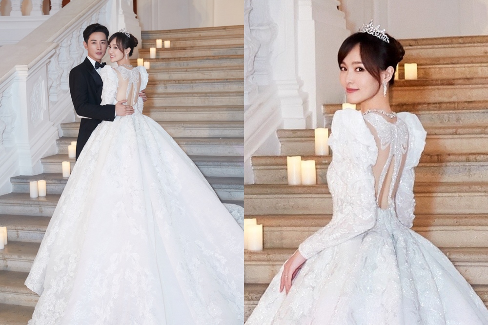 唐嫣與羅晉結婚當天穿的白紗融入她最愛的各種公主風元素。（取自唐嫣工作室微博）