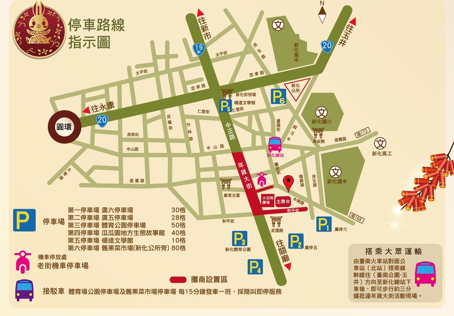 台南新化年貨大街停車車路線指示圖