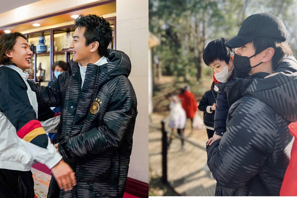 陳曉被拍到過年與朋友聊天穿的黑色羽絨外套，去年出席活動（左）與昨天帶兒子逛動物園都是同一件。