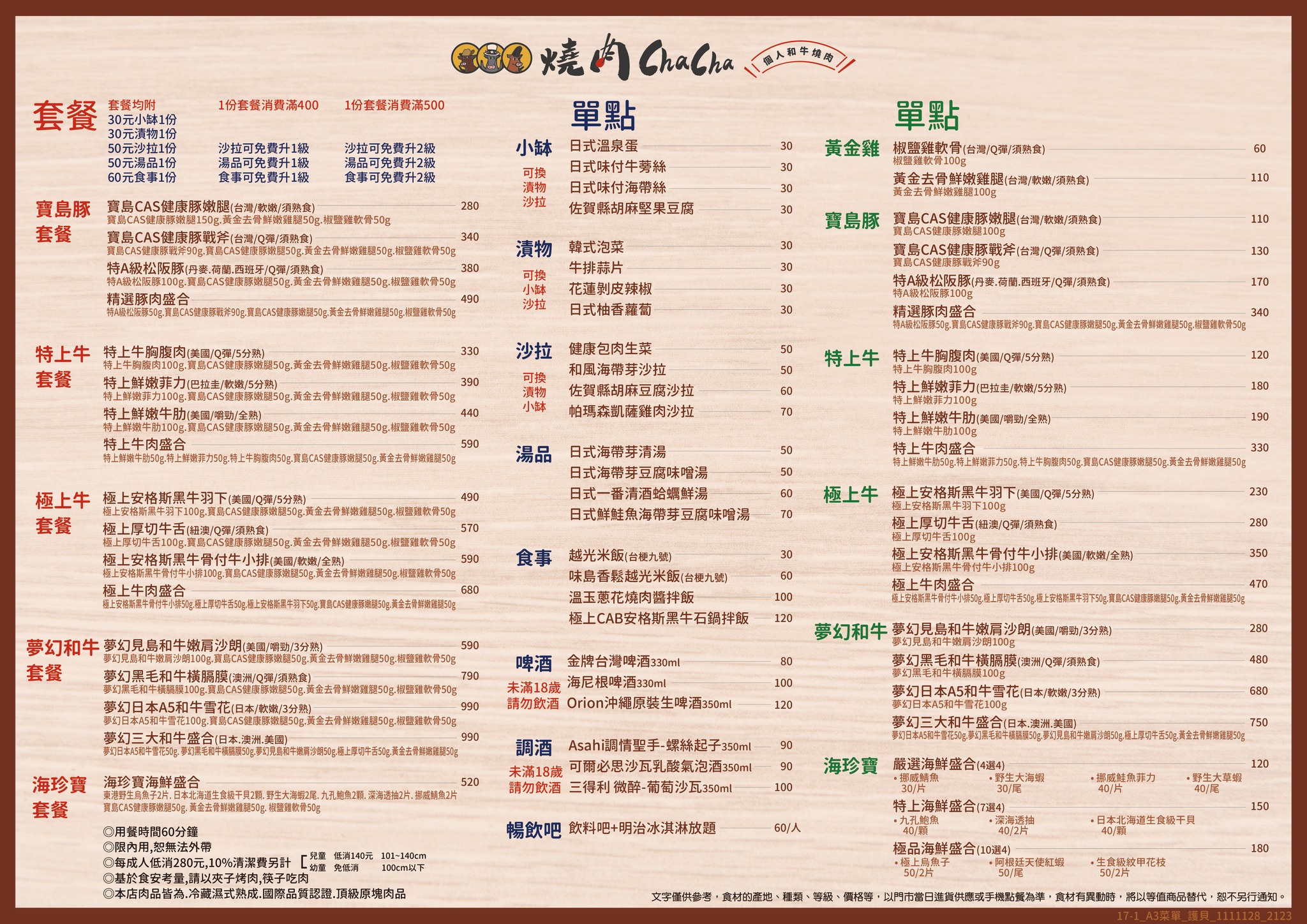 馬辣個人烤肉「燒肉 ChaCha」基隆店菜單一覽表