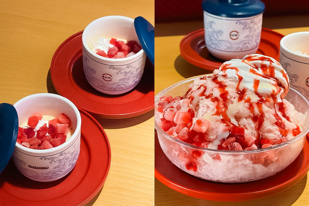 迴轉壽司「壽司郎」草莓季甜點：草莓昭和布丁／售價 60 元、草莓雪花冰／售價 120 元