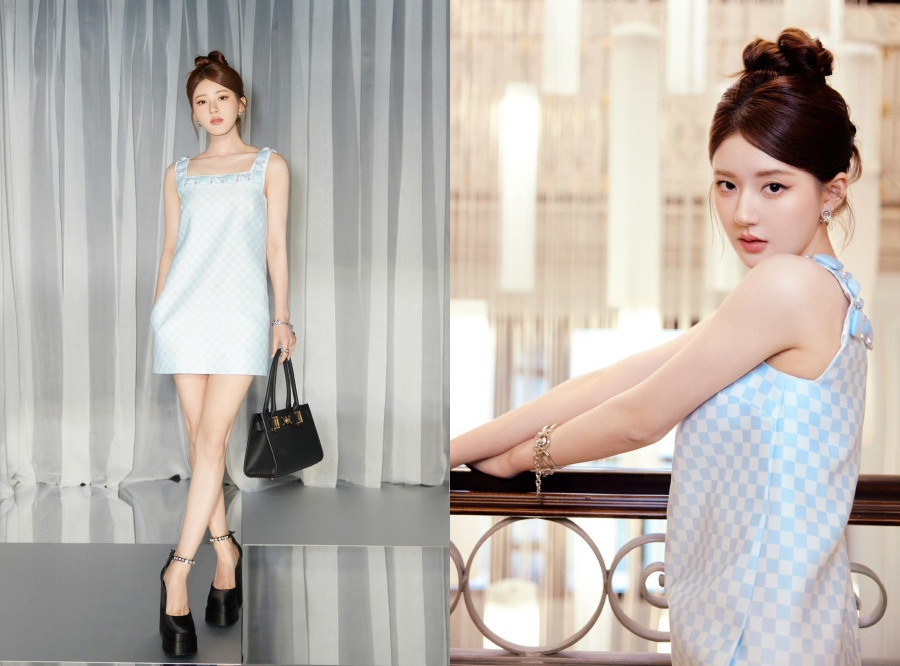 趙露思全球首穿Versace 2024春夏系列淺藍色棋盤格連身裙出席大秀